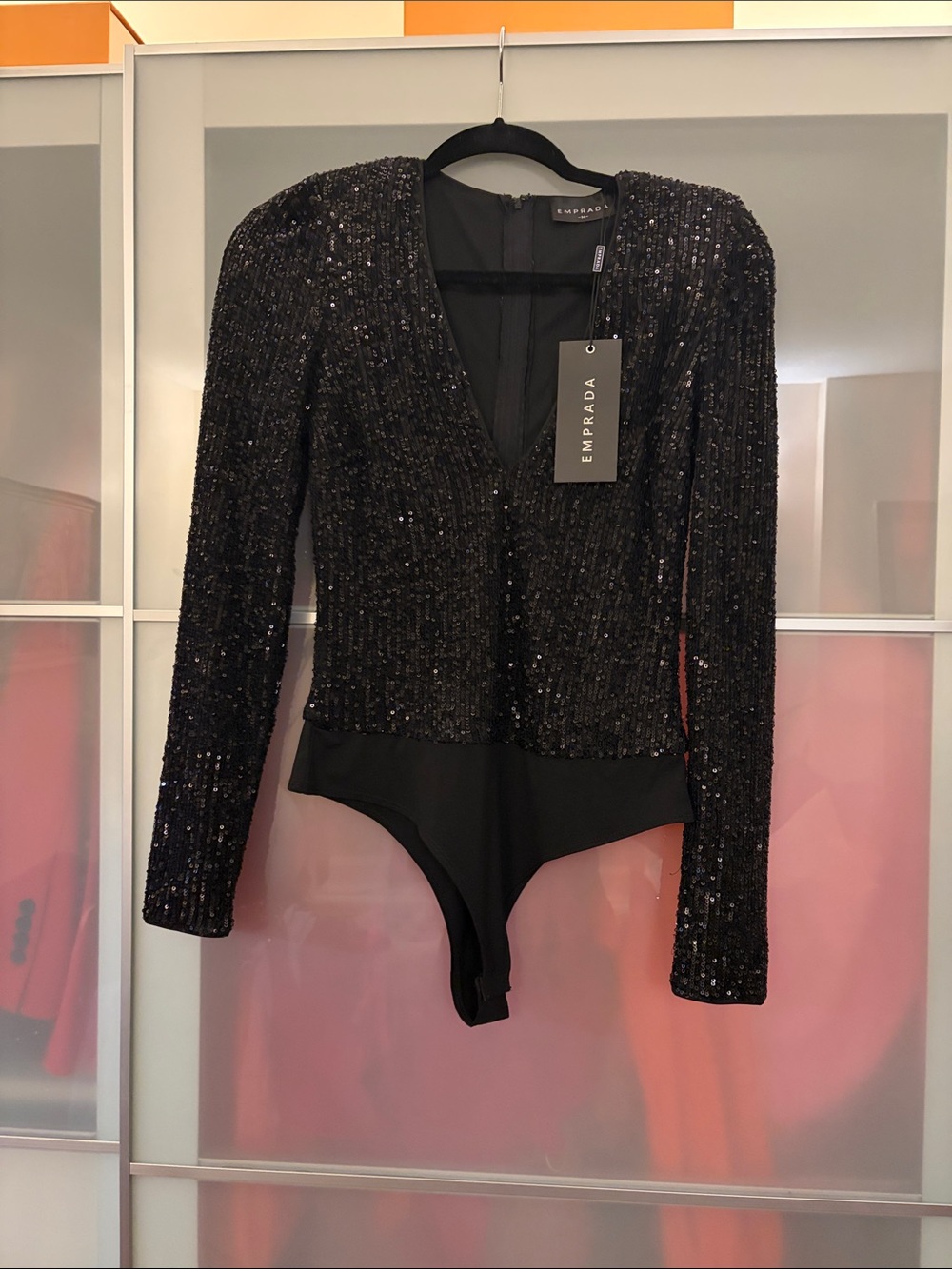 Black Sequin Long-Sleeve V-Neck Bodysuit